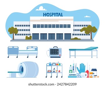 Hospital building, medical devices. Hospital furniture, tools, drugs, equipment for treatment and diagnosis. Healthcare icons set. Vector illustration