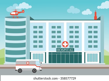 Hospital Building With Medical Helicopter And Ambulance,exterior Building ,vector Illustration.
