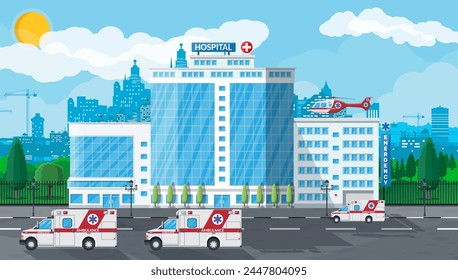 Edificio del hospital, icono médico. Salud, hospital y diagnóstico médico. Servicios de urgencia y emergencia. Carretera, cielo, árbol. Coche y helicóptero. Ilustración vectorial en estilo plano