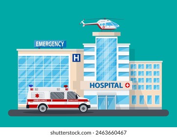 Hospital building, medical icon. Healthcare, hospital and medical diagnostics. Urgency and emergency services. Car and helicopter. Vector illustration in flat style