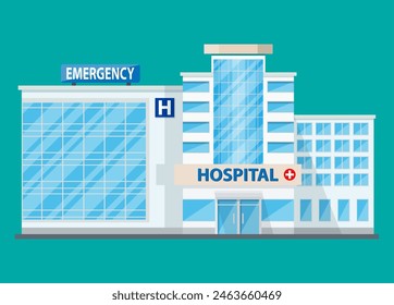 Hospital building, medical icon. Healthcare, hospital and medical diagnostics. Urgency and emergency services. Vector illustration in flat style