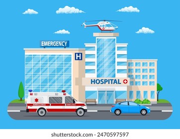 Krankenhaus, medizinische Ikone. In: Healthcare, Hospital and Medical Diagnostics. Dringlichkeits- und Rettungsdienste. Straße, Himmel, Baum. Auto und Hubschrauber. Vektorillustration im flachen Stil