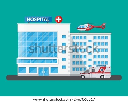 Hospital building, medical icon. Healthcare, hospital and medical diagnostics. Urgency and emergency services. Car and helicopter. Vector illustration in flat style