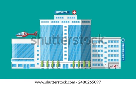 Hospital building, medical icon. Healthcare, hospital and medical diagnostics. Urgency and emergency services. Car and helicopter. Vector illustration in flat style