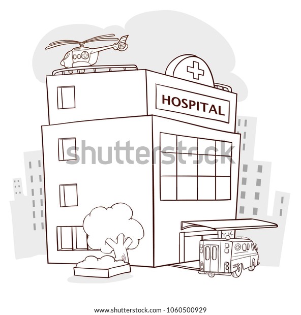 Hospital building, medical icon. Healthcare,\
hospital and medical diagnostics. Urgency and emergency services.\
Road, sky, sun, tree. Car and helicopter. Vector illustration in\
flat style