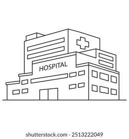 Hospital building. Medical institution.City ambulance medical care.Healthcare facility.Isolated on white background.Outline vector illustration.