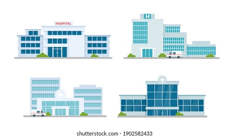 Hospital building medical office vector illustration set. Cartoon modern medicine clinic skyscrapers collection, outdoor facade hospital exterior with ambulance car and big windows isolated on white