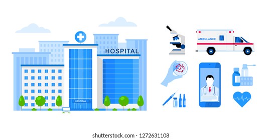 The hospital building and medical set: a microscope, an ambulance car, a hand with a petri dish, a syringe and ampoules, drugs, a heart with a cardiogram and a doctor app. Illustration.