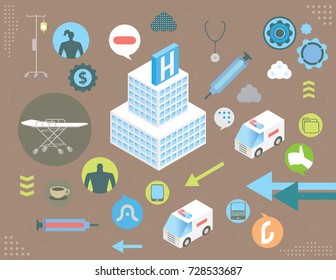Hospital building with medical tech icons, with infographics elements and grunge texture.