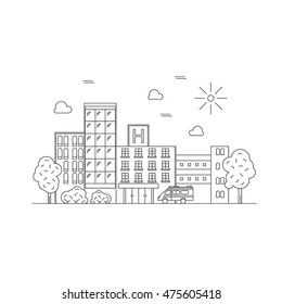 Hospital Building Modern Thin Line. Front View of Hospital Building and Tree Outline Style. Vector illustration of Street with Hospital Building and Ambulance car