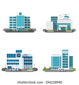 Hospital building outdoors facades flat decorative icons set isolated vector illustration