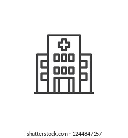 Hospital Building Outline Icon. Linear Style Sign For Mobile Concept And Web Design. Clinic With Medical Cross Simple Line Vector Icon. Symbol, Logo Illustration. Pixel Perfect Vector Graphics