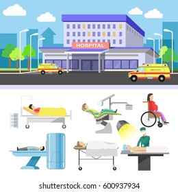 Hospital building and patients vector flat icons for medical infographics. Dentist chair, surgeon operation table, therapist mri tomography scan, ambulance wheelchair for pregnant and emergency room
