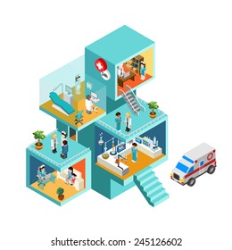 Hospital building with people flat 3d web isometric infographic concept vector. Exterior and interior isometry rooms with people staff workers, doctors, nurses, ambulance. Creative people collection.