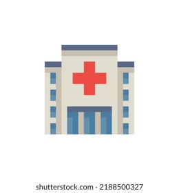 Hospital building pixel art icon. Isolated vector flat illustration. Design for logo, sticker and app.