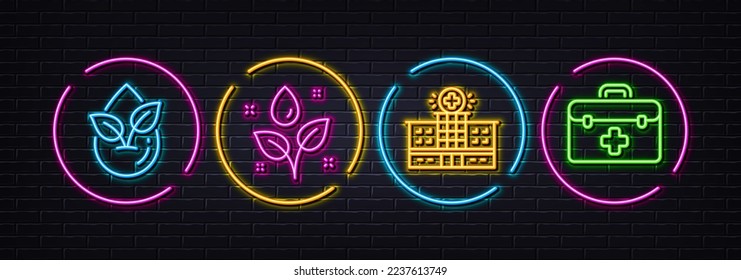 Hospital building, Plants watering and Organic product minimal line icons. Neon laser 3d lights. First aid icons. For web, application, printing. Medical help, Water drop, Leaf. Medicine kit. Vector