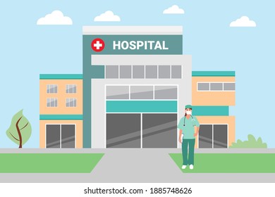 The Hospital Building Is Professional Medical Center. Modern Hospital  Outside.Professional Doctor On Clinic Backdrop. Vector Flat Cartoon Illustration.