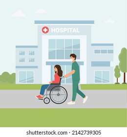 The hospital building is professional medical center. Healthcare worker is transporting young woman. Medicine, healthcare concept. Vector Flat Illustration.