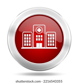 Hospital building red glossy vector icon, medical concept silver metallic round web button