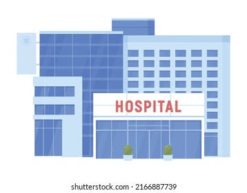 Hospital building semi flat color vector object. Editable figure. Full sized item on white. Medicine simple cartoon style illustration for web graphic design and animation. Akrobat font used