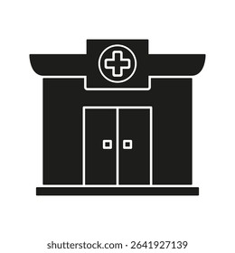 Hospital Building Solid Icon. Healthcare Facility, Medical Center, And Emergency Services Silhouette Symbol. Health Infrastructure Representation. Isolated Vector Illustration.