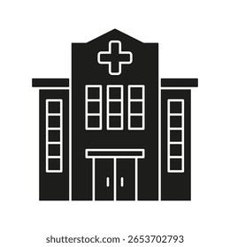 Ícone Sólido do edifício do hospital. Símbolo De Silhueta De Instituições De Saúde, Centros Médicos E Serviços De Emergência. Representação da infraestrutura de saúde. Ilustração de vetor isolada.