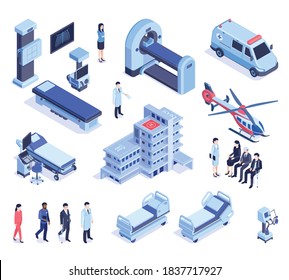 Hospital building staff equipment transportation isometric set with ambulance mri scanner intensive care bed patients vector illustration