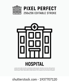 Hospital building thin line icon. Pixel perfect, editable stroke. Vector illustration.