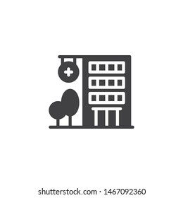 Hospital building and trees vector icon. filled flat sign for mobile concept and web design. Clinic building with medical cross glyph icon. Symbol, logo illustration. Vector graphics