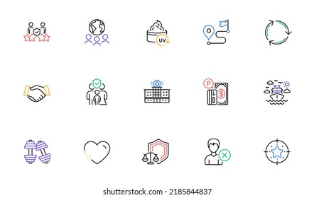Hospital Building, Uv Protection And Recycling Line Icons For Website, Printing. Collection Of Family Insurance, Ship Travel, Dumbbells Icons. Global Business, Remove Account. Vector