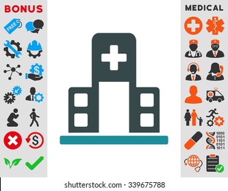 Hospital Building vector icon with bonus. Style is bicolor flat symbol, soft blue colors, rounded angles, white background.