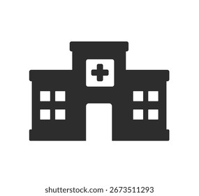 Vektorsymbol für Krankenhausgebäude. Ikone des Krankenhaus Gebäude flachen Stil. Hilfsschild.