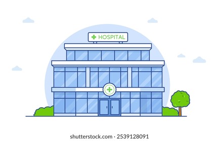 Ilustración del icono del Vector del edificio del hospital. Concepto de icono de centro de salud blanco aislado. Estilo plano de la historieta conveniente para la página de aterrizaje del Web, Anuncio, etiqueta engomada, fondo.