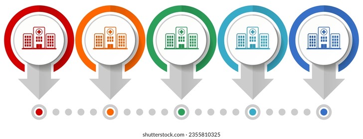 Hospital building vector icon set, flat design infographic template, set pointer concept icons in 5 color options for webdesign and mobile applications