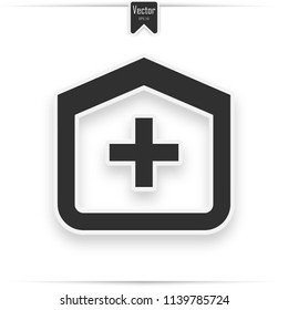 Hospital Building vector icon. Style is flat rounded square button, black and white colors. icon with realistic shadow