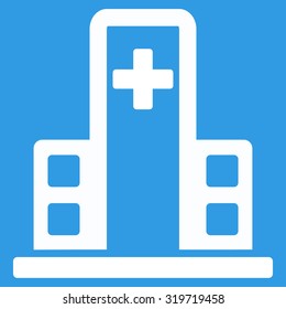 Hospital Building vector icon. Style is flat symbol, white color, rounded angles, blue background.