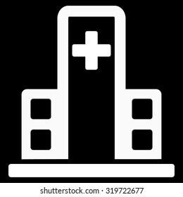 Hospital Building vector icon. Style is flat symbol, white color, rounded angles, black background.