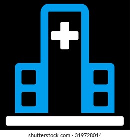 Hospital Building vector icon. Style is bicolor flat symbol, blue and white colors, rounded angles, black background.