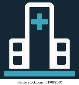 Hospital Building vector icon. Style is bicolor flat symbol, blue and white colors, rounded angles, dark blue background.