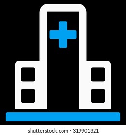 Hospital Building vector icon. Style is bicolor flat symbol, blue and white colors, rounded angles, black background.