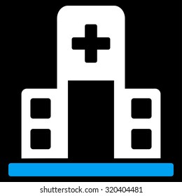 Hospital Building vector icon. Style is bicolor flat symbol, blue and white colors, rounded angles, black background.