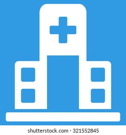 Hospital Building vector icon. Style is flat symbol, white color, rounded angles, blue background.