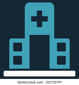 Hospital Building vector icon. Style is bicolor flat symbol, blue and white colors, rounded angles, dark blue background.