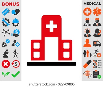 Hospital Building vector icon. Style is bicolor flat symbol, intensive red and black colors, rounded angles, white background.