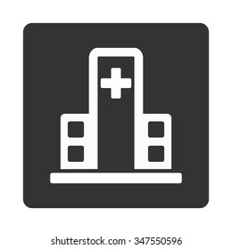 Hospital Building vector icon. Style is flat rounded square button, white and gray colors, white background.