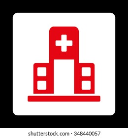 Hospital Building vector icon. Style is flat rounded square button, red and white colors, black background.