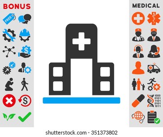 Hospital Building vector icon. Style is bicolor flat symbol, blue and gray colors, rounded angles, white background.