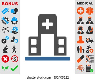 Hospital Building vector icon. Style is bicolor flat symbol, cobalt and gray colors, rounded angles, white background.