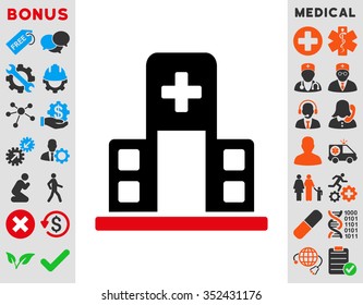 Hospital Building vector icon. Style is bicolor flat symbol, intensive red and black colors, rounded angles, white background.