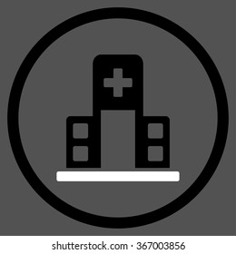Hospital Building vector icon. Style is bicolor flat circled symbol, black and white colors, rounded angles, gray background.